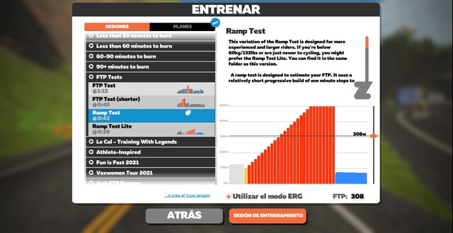 cacular test ftp en Zwift Ramp test