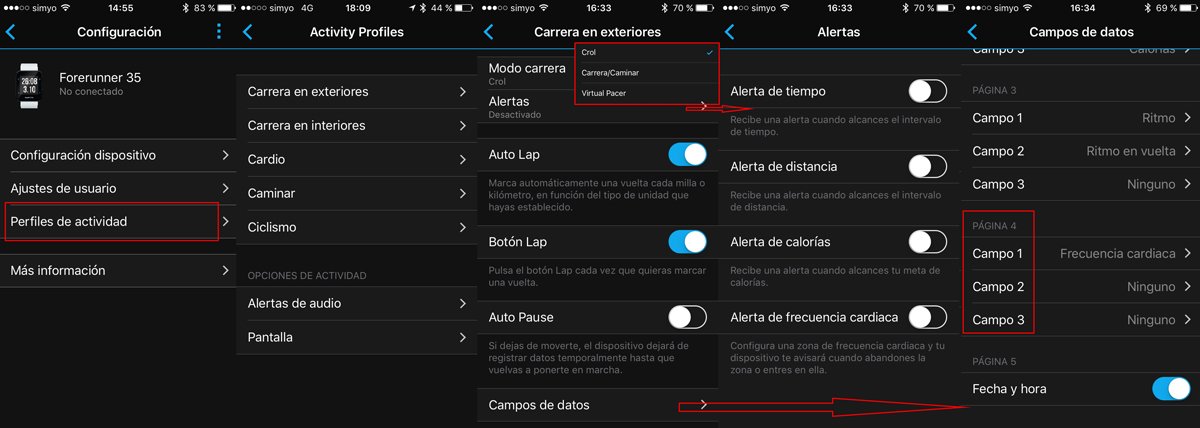 Configuración de los perfiles deportivos a través de la app móvil Garmin Connect.