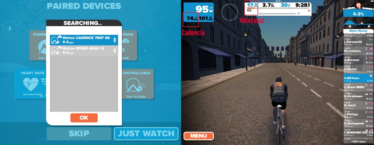 Simulador Zwift con sensores de velocidad y cadencia Wahoo RPM sin imanes.