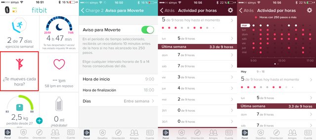Alertas de inactividad y objetivo de actividad por horas en la fitbit charge 2