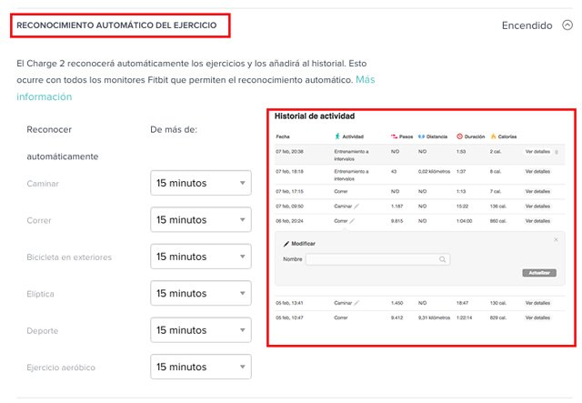 Menú de configuración de la función SmartTrack en la fitbit charge 2