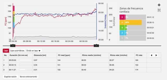 Gráficas de velocidad, ritmo y pulso del portal Flow Polar
