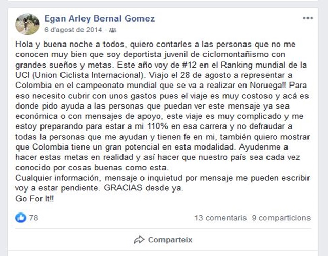 egan bernal ciclismo carta