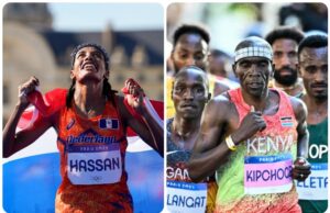 Kipchoge y Hassan corrieron con una diadema en la cabeza en París
